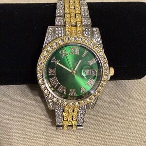 Men's Stainless Steel Green Dial Watch | Unisex Watch with Gold & Silver Accents